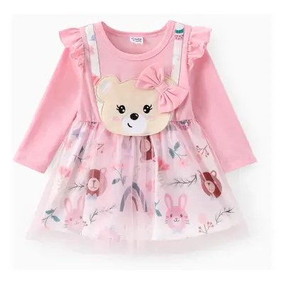 Baby Girl Bear Style Embroidered Faux-two Mesh Dress