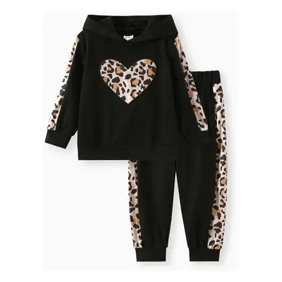 2-piece Toddler Girl Leopard Print Heart Pattern Hoodie Sweatshirt and Pants Set