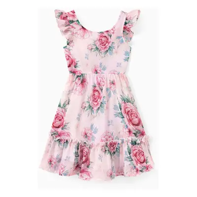 Mommy and Me Pink Rose Floral Square Neck Ruffle Trim Sleeveless Dress