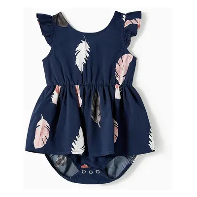 Family Matching Allover Feather Print Belted Cami Dresses and Short-sleeve Spliced Tee Sets