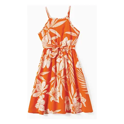 Family Matching Orange Beach Shirt and Floral Strap Dress Sets