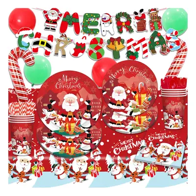 Combo Red Cartoon Santa Claus Themed Holiday Party Decoration Set: Paper Plates, Cups, Tableclot