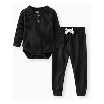 2pcs Solid Waffle Long-sleeve Baby Set