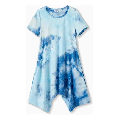 Family Matching Sets Blue Tie-dyed Round Neck Short Sleeves Tee or Irregular Hem Dress