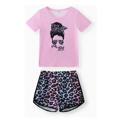 2pcs Kid Girl Figure Print Short-sleeve Tee and Leopard Print Shorts Set