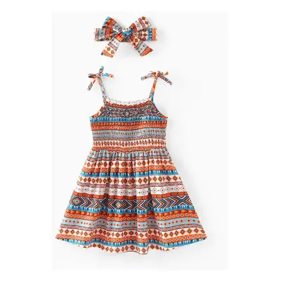 Toddler Girl 2pcs Ethnic Geometric Print Smocked Cami Dress with Headband