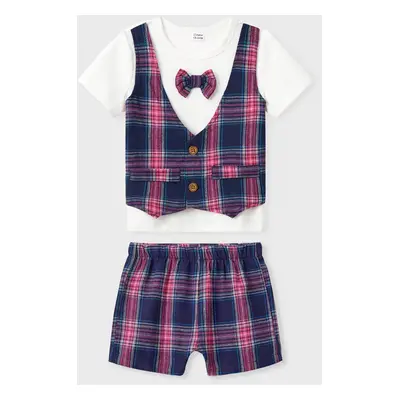 Toddler Boy 2pcs Classic Grid Print Bowknot Faux-two Tee and Shorts Set