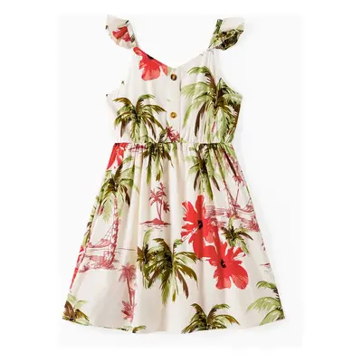 Family Matching Tropical Floral Beach Shirt and Button Strap Midi Dress Sets