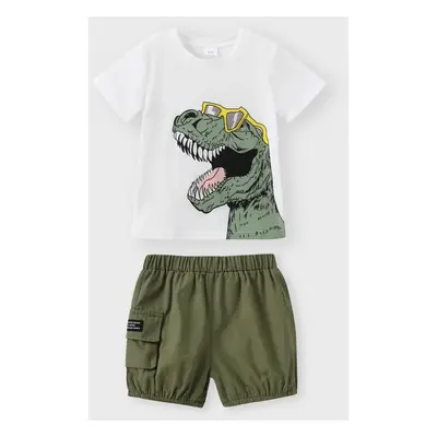 2pcs Toddler Boy Playful Dinosaur Print Tee & Cargo Shorts Set