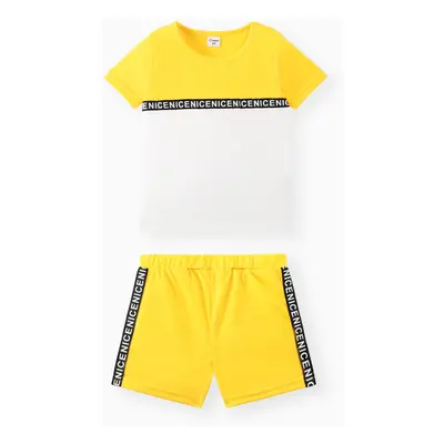 2-piece Toddler Boy Letter Print Colorblock Tee and Elasticized Shorts Set