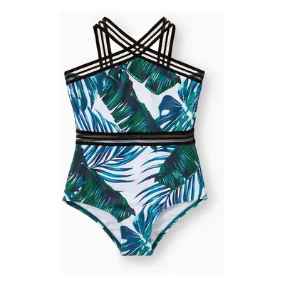 Family Matching Allover Palm Leaf Print Crisscross One-piece Swimsuit and Swim Trunks