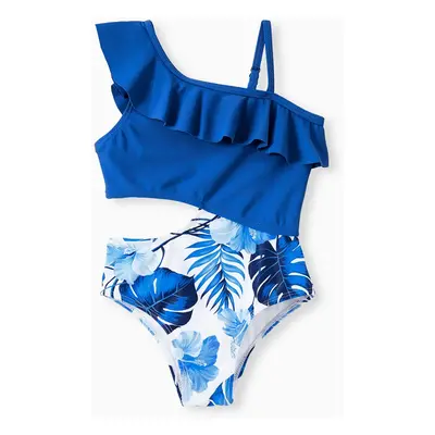 Family Matching Floral Drawstring Swim Trunks or Ruffle One Shoulder Swimsuit with single Strap