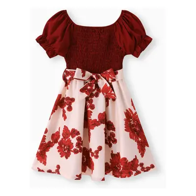 Toddler Girl Sweet Floral Print Smocked Belted Dress