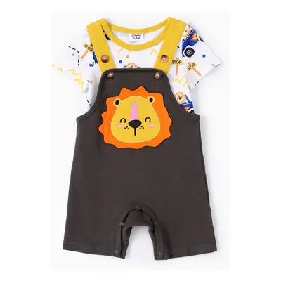 Baby Boy 2pcs Lion Print Romper and Lion Embroidery Overalls Set