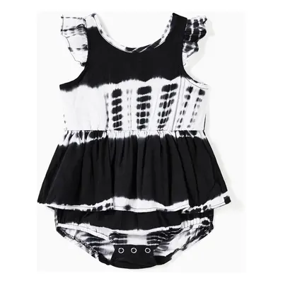 Family Matching Colorblock Polo Shirt and Stripe Dye-Tie High Neck Halter Belted Dress Sets