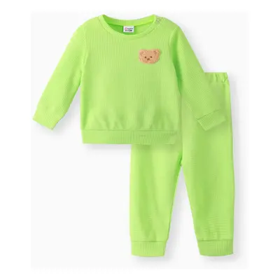 2pcs Baby Boy Cartoon Bear Detail Solid Textured Long-sleeve Pullover Sweatshirt and Sweatpants 