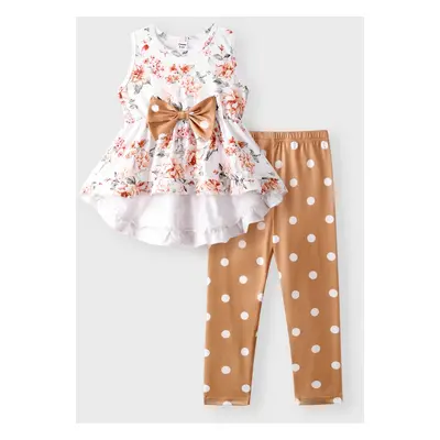 2-piece Toddler Girl Floral Print Bowknot Design Ruffled High Low Sleeveless Tee and Polka dots 