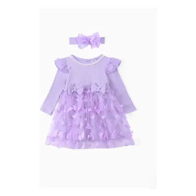 2pcs Baby Girl 95% Cotton Ribbed Long-sleeve Splicing 3D Butterfly Appliques Mesh Fairy Dress wi