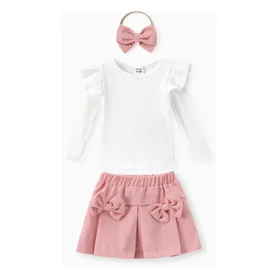 3pcs Baby Girl 95% Cotton Ribbed Ruffle Long-sleeve Top and Bow Front Skirt & Headband Set