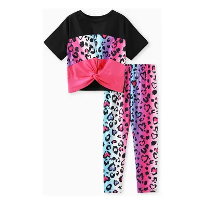 2pcs Kid Girl Leopard Print Twist Short-sleeve Tee and Pants Set