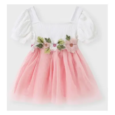 Baby Girl 95% Cotton Ribbed Square Neck Puff-sleeve Spliced Floral Embroidered Mesh Fairy Dress