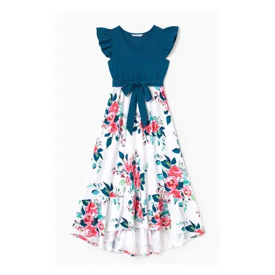 Family Matching Solid V Neck Flutter-sleeve Splicing Floral Print Dresses and Short-sleeve Color