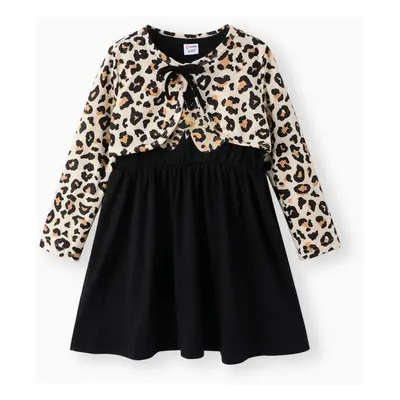 2pcs Kid Girl Butterfly Print Sleeveless Black Dress and Leopard Print Long-sleeve Cardigan Set