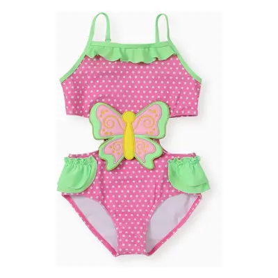 Kid Girl Polka Dots Butterfly Embroidery Ruffled Swimsuit