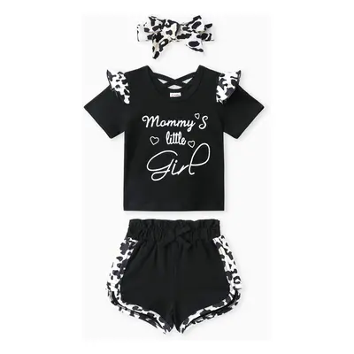 3pcs Baby Girl 95% Cotton Leopard Print Ruffle Trim Letter Graphic Short-sleeve Tee and Shorts &