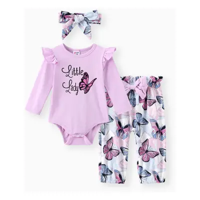 Baby Girl Clothes 3pcs Ladybug Letter Print Romper and Bowknot Trousers with Headband Set