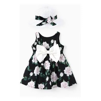 Baby Girl 2pcs Floral Print Big Bowknot Dress with Hat