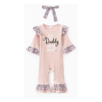 2pcs Baby Girl Letter Print Pink Ribbed Long-sleeve Splicing Leopard Ruffle Jumpsuit with Headba