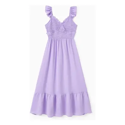 Family Matching Sets Purple Raglan Sleeves Tee or Shirred Top Ruffle Hem Strap Dress