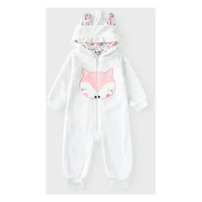 Baby Girl Fox Embroidered 3D Ears Hooded Long-sleeve Thermal Fuzzy Jumpsuit