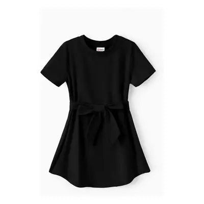 Toddler Girl Solid Curved Hem Short-sleeve Belted Dress