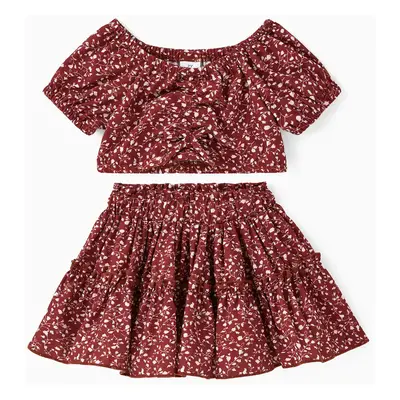 2pcs Toddler Girl Trendy Floral Print Tee and Layered Skirt Set