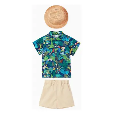 3pcs Toddler Boy Vacation Straw Hat and Animal Floral Print & Shorts Set