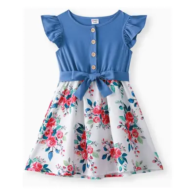 Kid Girl Ruffled Floral Print Splice Belted Flutter-sleeve Dress