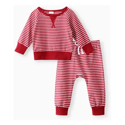 2pcs Baby 95% Cotton Long-sleeve All Over Striped Pullover and Trousers Set