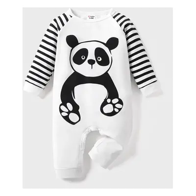 Baby Girl/Boy Panda and Stripe Print Long-sleeve White Jumpsuit