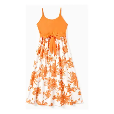 Family Matching Orange Tee and Cami Top Spliced Belted Dress Sets