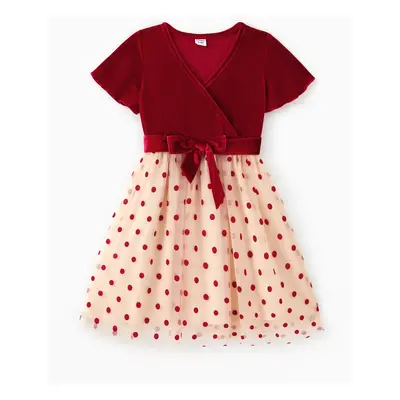 Family Matching Sets Color Block Sweatshirt or Red Velvet Polka Dots Mesh Tulle Dress with Hidde