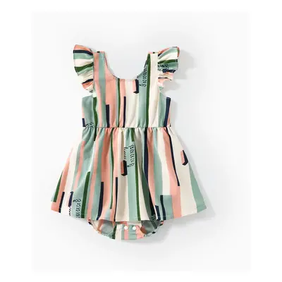 Family Matching Geometric Striped V Neck Drop Shoulder Belted Dresses and Colorblock Short-sleev