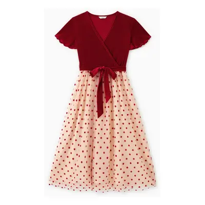 Family Matching Sets Color Block Sweatshirt or Red Velvet Polka Dots Mesh Tulle Dress with Hidde