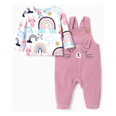 2pcs Baby Girl Allover Cat & Rainbow Print Long-sleeve Tee and Embroidered Corduroy Overalls Set