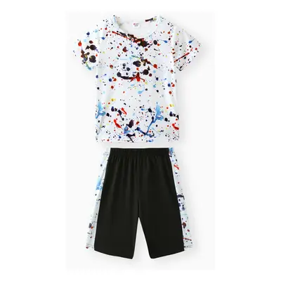 2-piece Kid Boy Painting Print Short-sleeve Tee and Elasticized Shorts Set