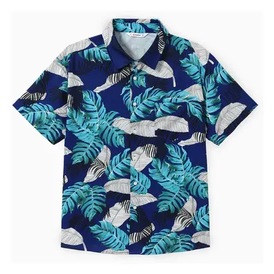 Family Matching Feather and Leaf Pattern Wrap Strap Dress and Beach Shirt Sets