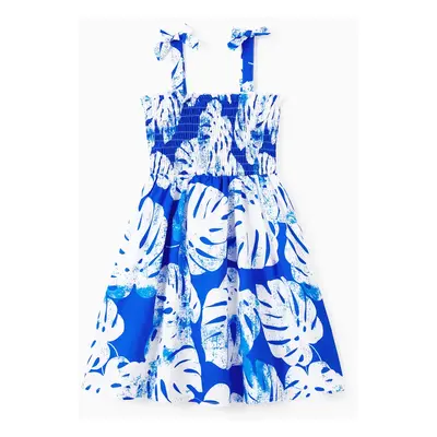 Family Matching Color Block Tee and Blue Leaf Pattern Shirred Top Strap Dress Sets