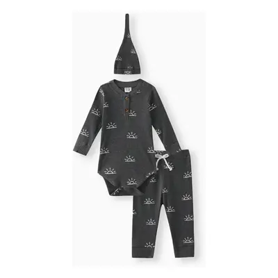 3-piece Baby Boy/Girl 95% Cotton Ribbed Long-sleeve Sun Print Button Design Romper and Elasticiz