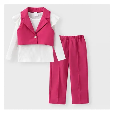 Toddler Girl 3pcs Suit Collar Crop Vest and Tee and Pants Set